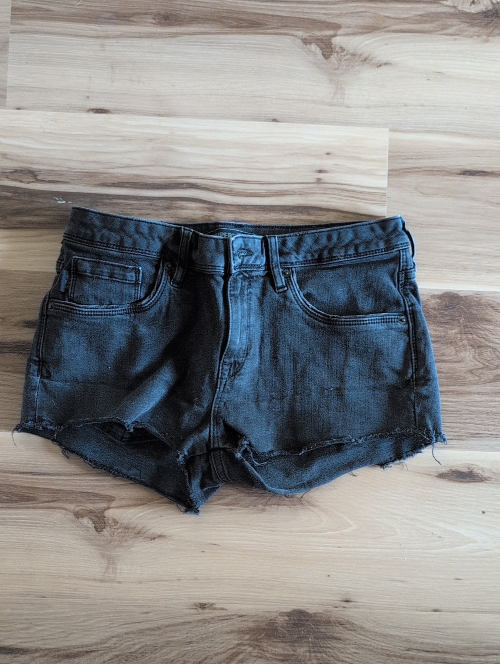 Mid-Waist Distressed Black Denim Shorts